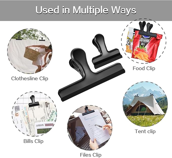 HOUSE AGAIN 12 Pack Stainless Steel Chip Bag Clips Covered with Silicone - NO More Sharp Edges - Color Coded for Food Bags - Air Tight Seal, Heavy Duty for Kitchen and Office, 5-3-2.5 Inches-Black