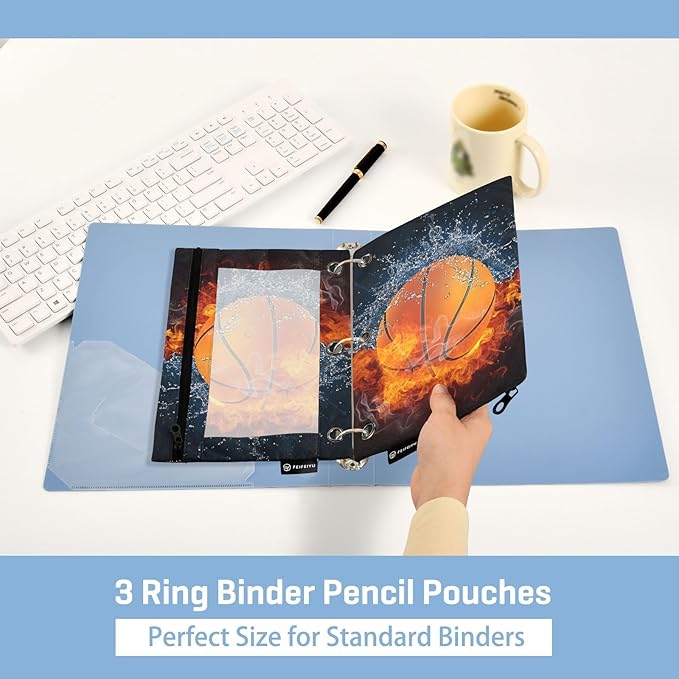 Basketball Ball Pencil Pouch for 3 Ring Binder, 2 Pack Waterproof Pencil Bags Clear Window Pencil Case Zipper School School Office Supplies