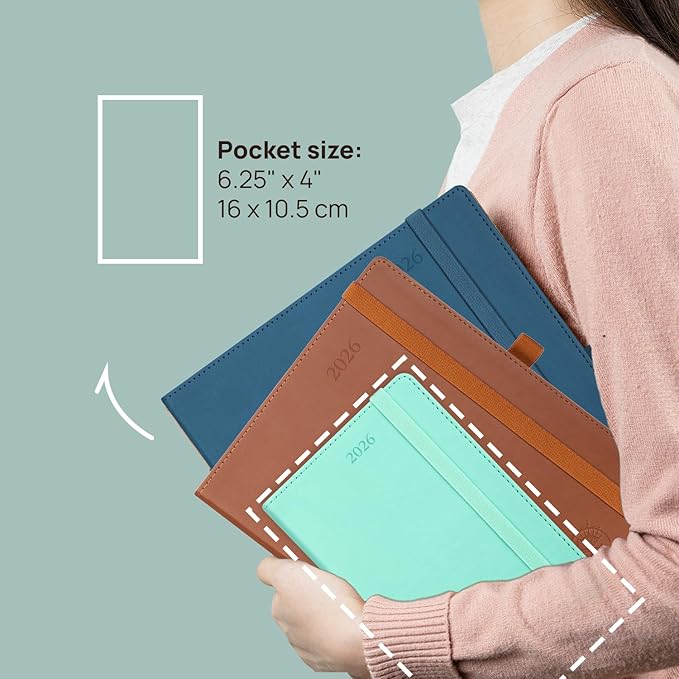 POPRUN Pocket Monthly Planner 2025-2026 (Pocket- 4''x 6.25''Soft Leather Cover) - 18 Month Calendar Book for Purse (Jul.2025-Dec.2026), 100 GSM Thick Paper - Grey