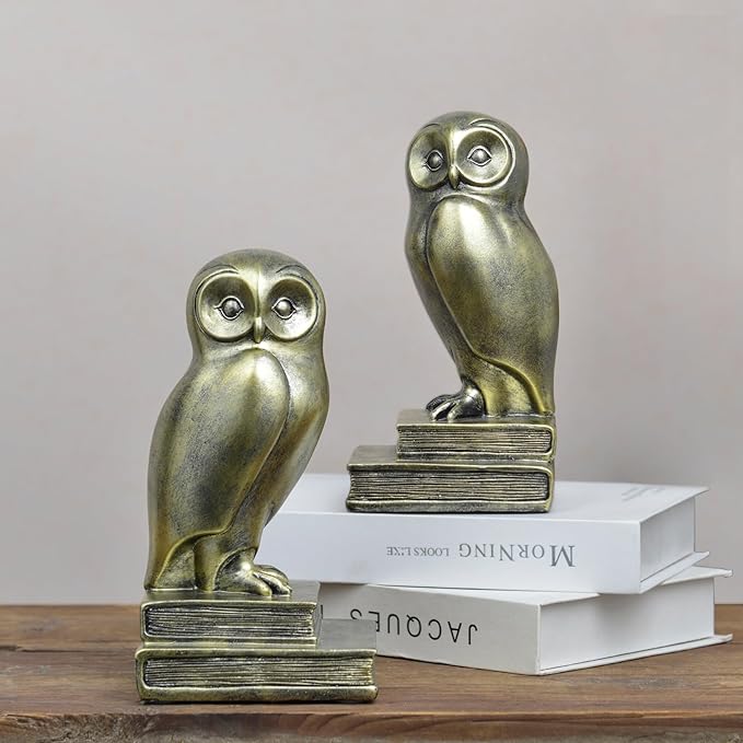 Vintage Gold Owl Bookends,Resin Animal Decorative Book Ends for Shelves,Book Holder with Anti-Slip Base,Luxurious Bird Bookends for Kids Rooms Office Home Decor,Unique Book Lover Gift