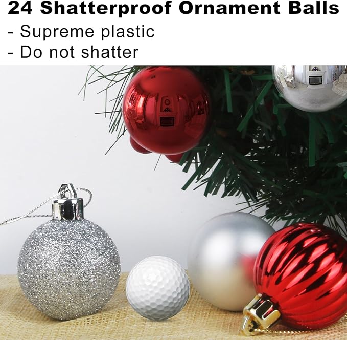 GameXcel 24Pcs Christmas Balls Ornaments for Xmas Tree - Shatterproof Christmas Tree Decorations Medium Hanging Ball Silver & Red 2.5 Inch x 24 Pack