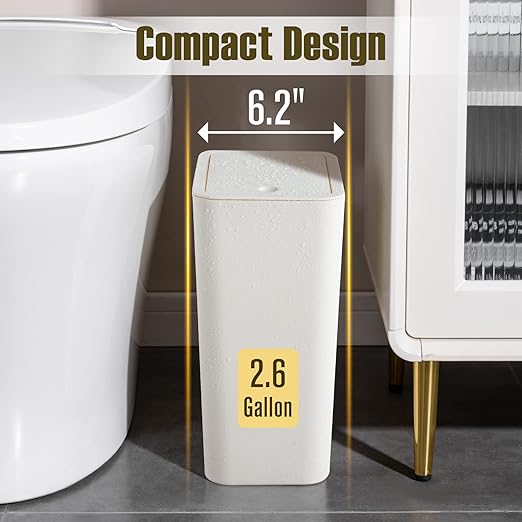 TrashAid 3 Pack Bathroom Trash Can with Lid, 2.6 Gallon / 10 Liter Small Garbage Can with Press Top Lid, Plastic Wastebasket with Pop-up Lids for Toilet, Office, Bedroom, Living Room, White