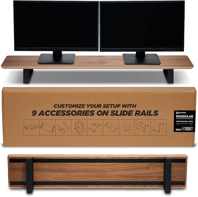 Moodular Wooden Monitor Stand 45.6” (116cm) Large Desk Organizer with Metal Slide Rails for Drawer, Tray, Laptop, Tablet, Phone & Headphones Customizable Riser for Organized Workspace Walnut