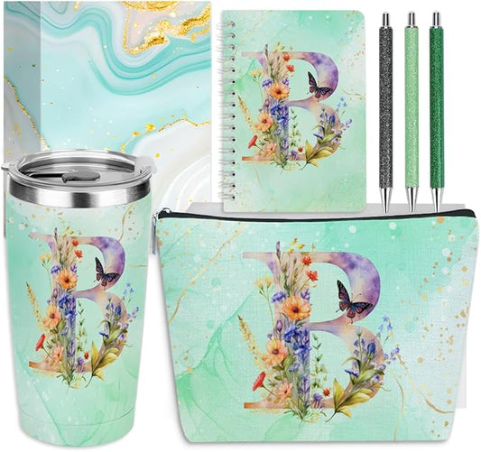 Personalized Gifts Monogrammed Birthday Gifts for Women, Cowerker Mom Mothers Day Christmas Initial 20 oz Tumbler, Makeup Bag Cup Ballpoint Pens Journal Notebook 6 Set, (Aesthetic Green Flower B)