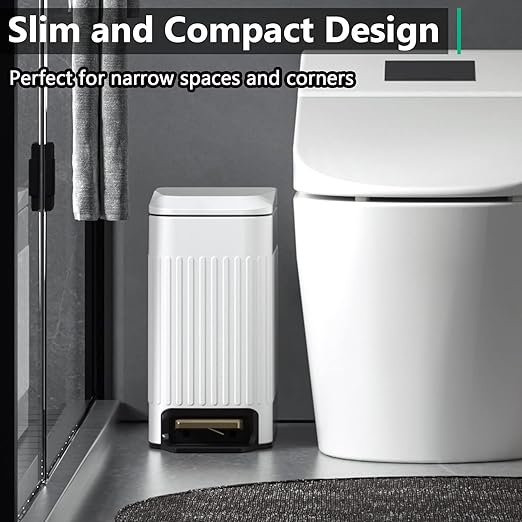 Small Bathroom Trash Can with Lid Soft Close-6L/1.6 Gal Slim Step Garbage Can-Metal Pedal Wastebasket-Narrow Rectangle Garbage Container Bin for Corner Office, Bedroom, Toilet, Live Room-White