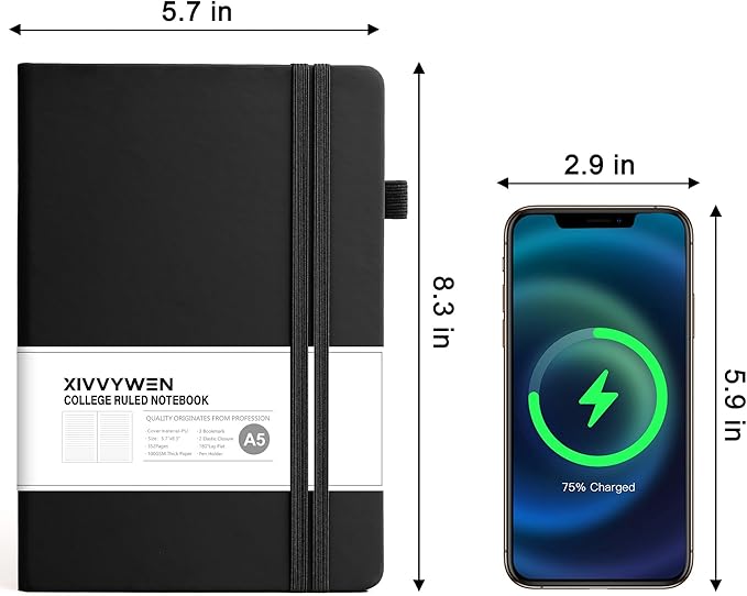 Lined Journal Notebook for Women Men, 352 Pages A5(5.7" x 8.3")College Ruled Hardcover Leather Journals for Writing, Daily Journal Notebooks for Work, Note Taking, Travel, School, Business (Black)