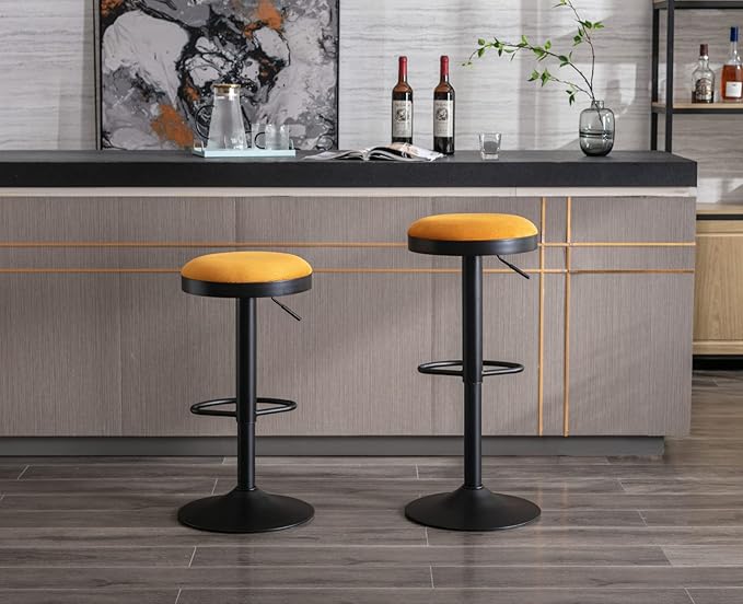 Round Swivel Counter Height Bar Stools Set of 1 Modern Adjustable Barstools Backless Corduroy Bar Chairs Industrial Island Chairs with Metal Base/Footrest for Kitchen Island/Pub, Yellow