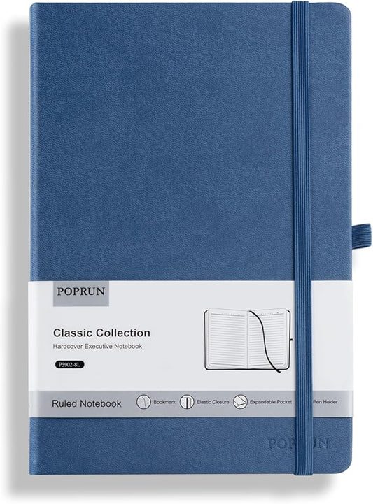 POPRUN A5 Lined Journal Notebooks, Leather Hardcover Thick Notebook for Writing, Business Work, Travel, School, College, Christmas, 5.5 x 8.3 inch, 240 Pages Classic Ruled Journals Notepad, Blue