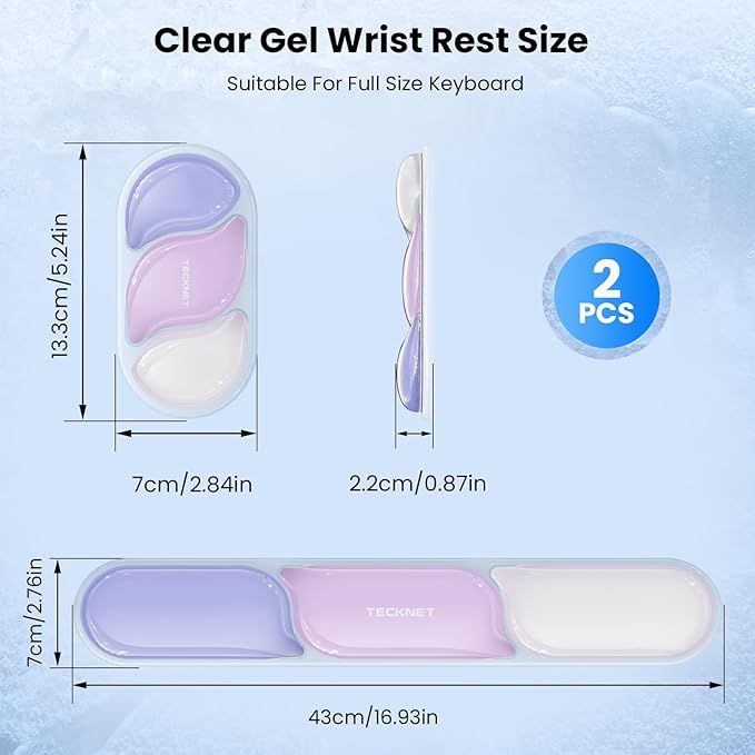 TECKNET Silicone Gel Wrist Rest for Computer Keyboard, Ergonomic Clear Gel Keyboard Wrist Rest Set for Typing Pain Relief, Comfortable Cool-Touch Wrist Support Pad for Office, Gaming, Study, Purple