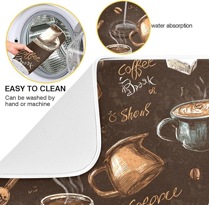 Coffee Beans Dish Drying Mat for Kitchen Counter 16 x 18 Inch Absorbent Microfiber Dry Dishes Mats Drainer Mat Dish Drying Pad for Countertops