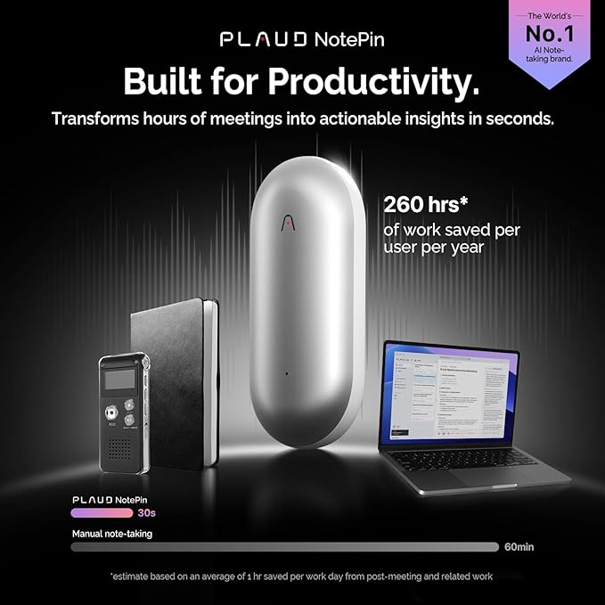 NotePin Voice Recorder, AI Voice Recorder, App Control, AI Notetaker, AI Transcribe & Summarize, Support 112 Languages, 64GB Memory, Audio Recorder for Lectures, Meetings, Lunar Silver