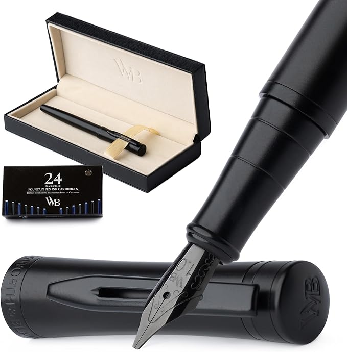 Wordsworth & Black Fountain Pen Set, Broad Nib, Includes 24 Pack Ink Cartridges, Ink Refill Converter & Gift Box, Calligraphy, [All Black], Perfect for Men & Women