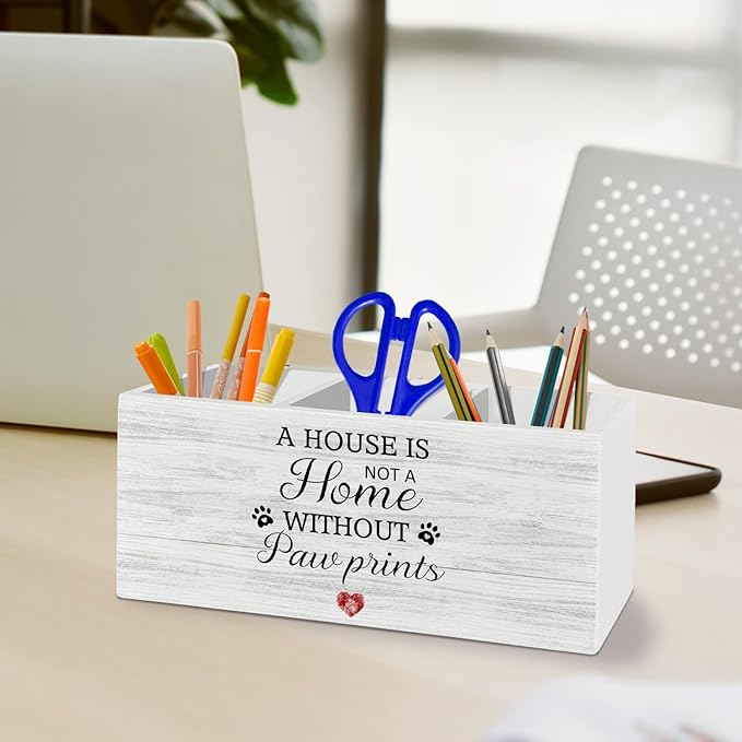 Dog Pen Pencil Holder Organizer for Desk Accessories, Dog Mom Dad Lovers Gifts, a House Is Not a Home Without Paw Prints Wooden Box Sign Desk Decor for Home Decoration, Pet Lover Gifts