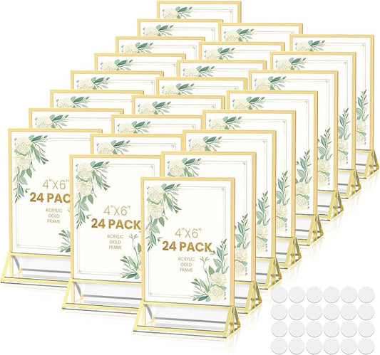 Gold Frames 5X7 Acrylic Sign Holder Double-Sided Acrylic Picture Frames Display Stand for Flyer Holder Menu Holder Wedding Table Number with Removable Sticky Dots-24 Pack