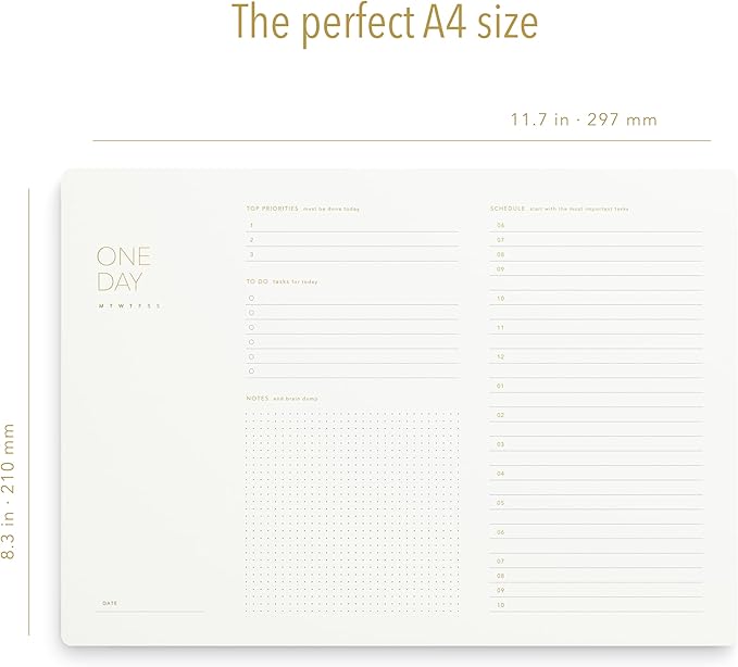 One Day, Elegant Daily Desk Planner, Gold Foiled, Minimalist Productivity Planner Pad, Time Blocking Hourly Schedule, To Do List Notepad, A4, 52 Pages, FSC™ Certified