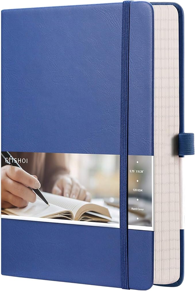 EMSHOI Graph Paper Notebook - 256 Pages A5 Graph Notebook/Journal, Square Grid Notebooks for Work, 120gsm Thick Paper, Executive Hardcover Leather, Inner Pocket, Pen Loop 5.75'' × 8.38''-Blue