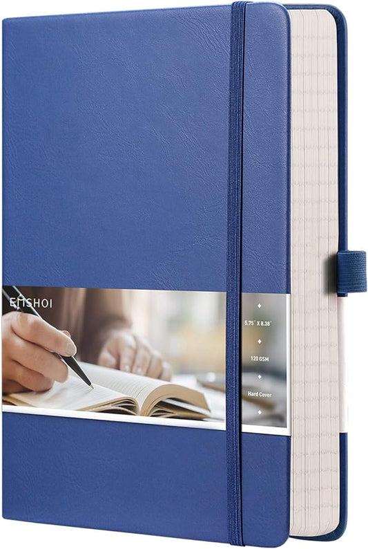 EMSHOI Graph Paper Notebook - 256 Pages A5 Graph Notebook/Journal, Square Grid Notebooks for Work, 120gsm Thick Paper, Executive Hardcover Leather, Inner Pocket, Pen Loop 5.75'' × 8.38''-Blue