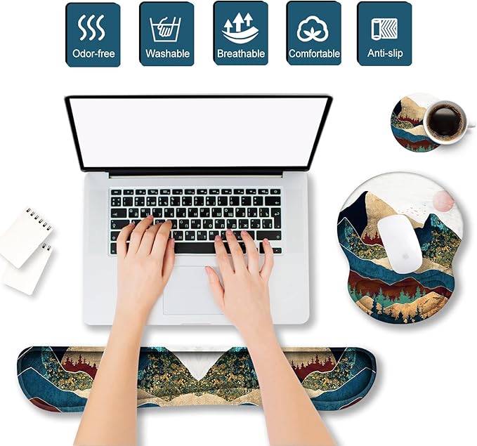 ArtSo Mouse Pad Keyboard Wrist Rest Support Ergonomic, Upgraded Cushion Mousepad Gel Memory Foam Non-Slip Rubber Base Pain Relief & Easy Typing for Home,Office, Colorful Mountain