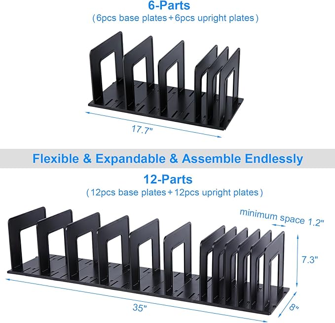 Adjustable Vertical File Sorter Sturdy Plastic Expandable Upright File Holder, Desktop Binder Organizer, School Office Organization Bookshelf Divider, Assemble Easily Endlessly, Black