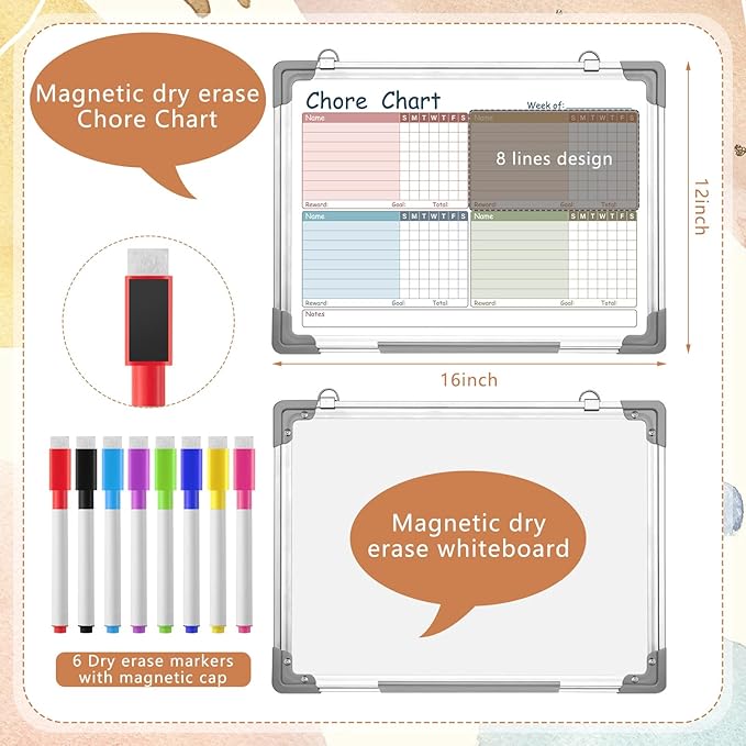 Lincia Magnetic Dry Erase Chore Chart Board for Multiple Kids Teens Adults 12"x16" Double Side Family 2 in 1 Combo Chore Board Weekly Calendar for Wall Aluminum Frame 8 Markers 1 Eraser