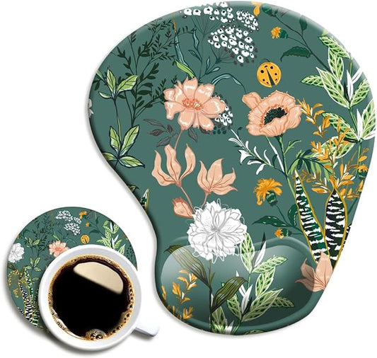 Dooke Ergonomic Mouse Pad with Wrist Support, Cute Mouse Pads with Non-Slip PU Base for Home Office Working Studying Easy Typing & Pain Relief Dark Green Floral
