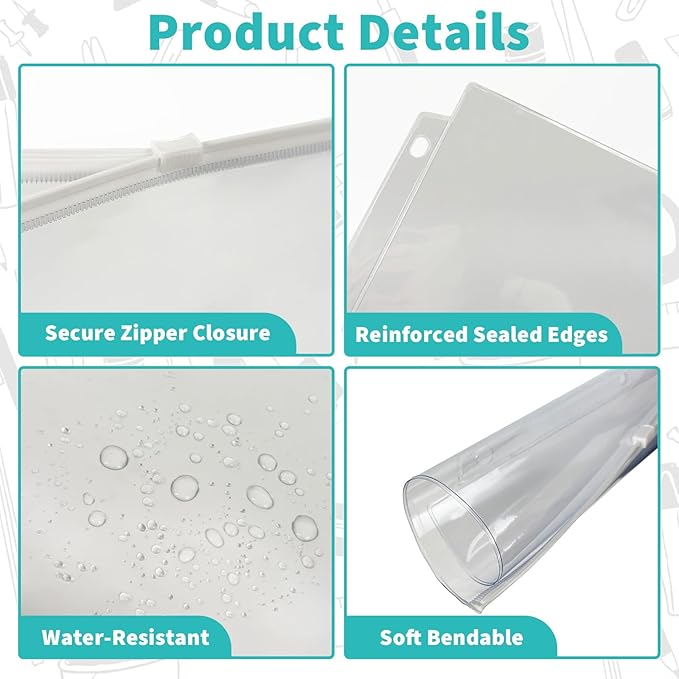 Binditek 10 Pack Plastic Zippered Binder Pockets, 3-Hole Punched for 3 Ring Binder, Clear PVC with White Zippers, Waterproof Loose Leaf Bag Pouch for Document Filing and Storage