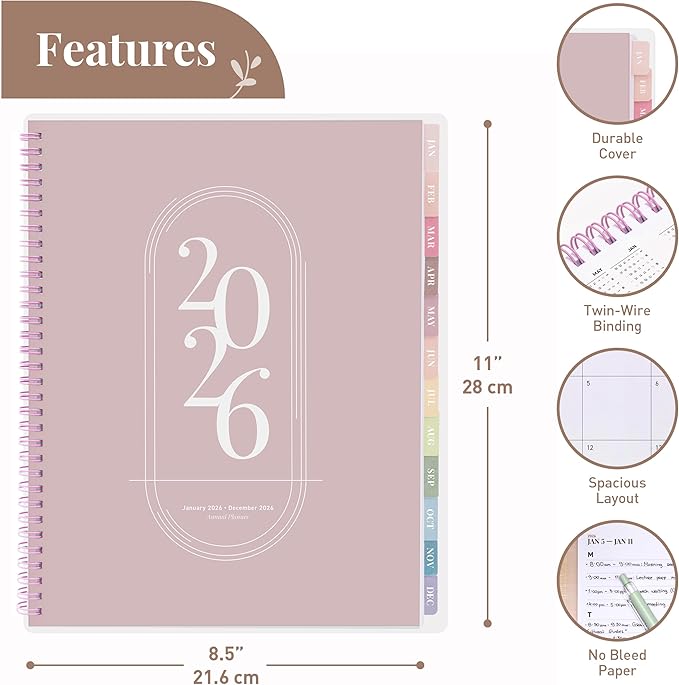 Rileys 2026 Planner, Agenda Planner With Weekly And Monthly View, Daily Agenda Book And Yearly Planners Calendar Book, Spiral Bound With Tabs, Notes, Goals And Holidays (Pink, 8.5 x 11 in)