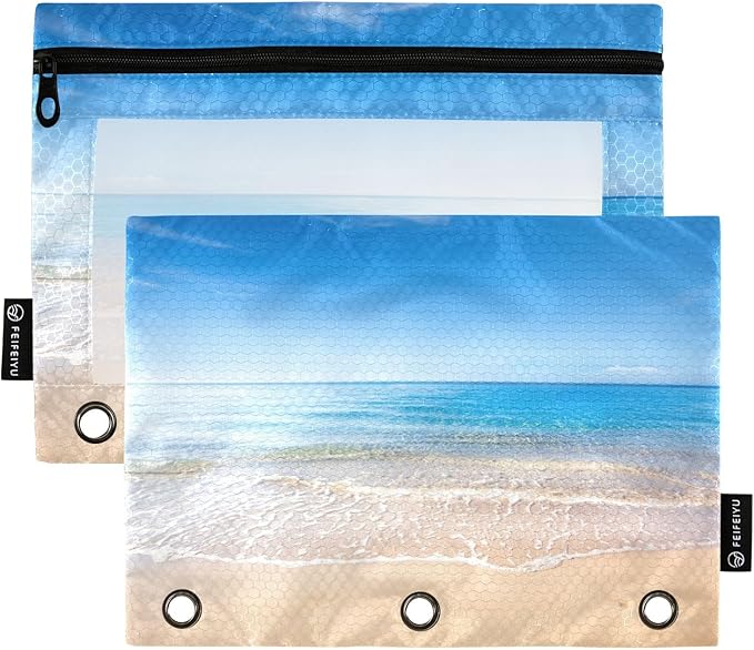 ALAZA Pencil Pouch for 3 Ring Binder, Beach and Tropical Ocean Binder Pencil Pouches with Clear Window Zipper Pencil Case Cosmetic Bags for Office College Supplies, 2PCS