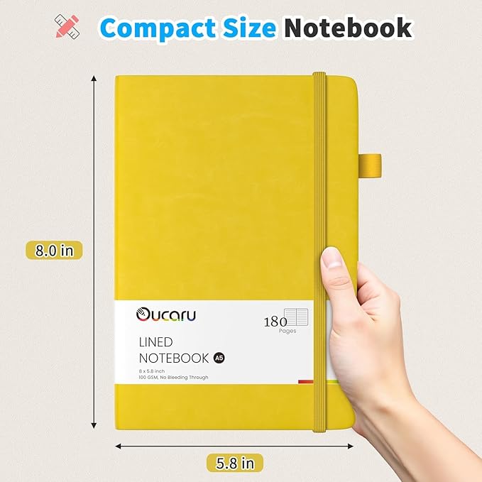 Oucaru Lined Journal Notebook, 2 Pack, 180 Pages, A5 Journals for Writing, 100 GSM Thick Paper, Small Notebooks Daily Journal for Women Men Work, Business, School, Travel Supplies