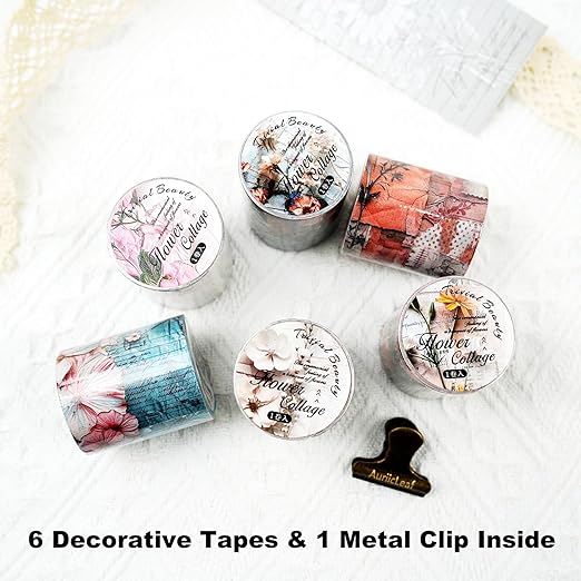Vintage Floral Washi Tape Set – 6 Rolls, 2M Non-Repeating Flower Collage Designs, Decorative Craft Tape for Scrapbooking, Journals, Planners with Accessory Clip Included