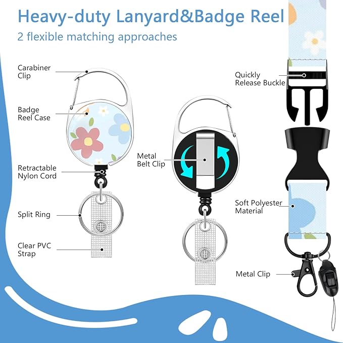 Flower Lanyards for Id Holder, ID Badge Holder with Retractable Lanyard, ID Holder with Badge Reel Clips, Name Tag ID Card Holder Teacher Women Doctor Office Gift