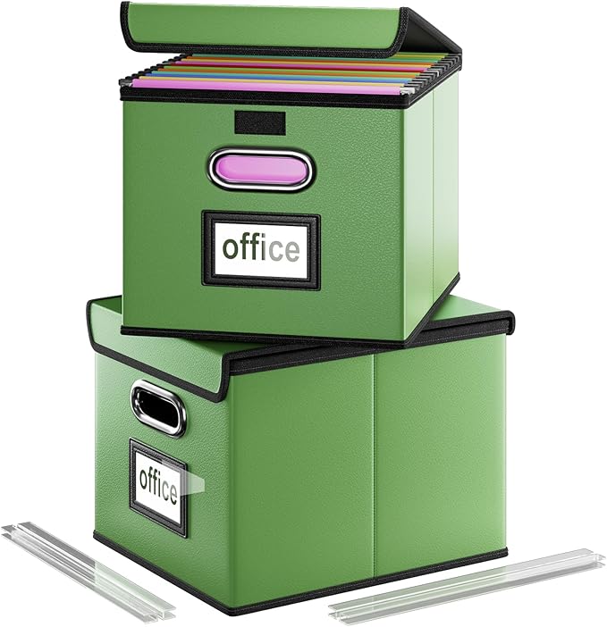 Huolewa Portable Leather File Organizer Storage Boxes, Collapsible File Folder Organizer Boxes with Lids, Document Organizer, Decorative Filing Box Cabinet for Letter/Legal File Folder Storage