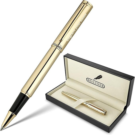 BEILUNER Luxury Personalized Gold Rollerball Pen, Stunning 24K Gold Finish, Noble and Elegant Designs,Schneider Refill, Fancy Gift Set for Men & Women, Executive Writing, Office, Nice Graduation Gift