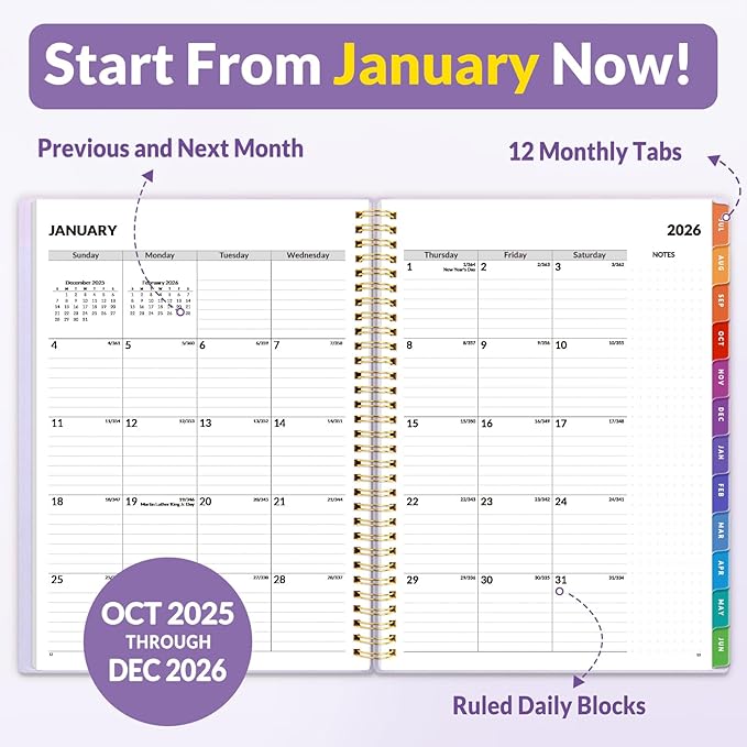 SUNEE 2026 Weekly and Monthly Planner - from January 2026 - December 2026, 8.5"x11" Daily Agenda Planner with Monthly Tab, Flexible Cover, Note Pages, Pockets, Bookmark, Spiral Binding, Purple