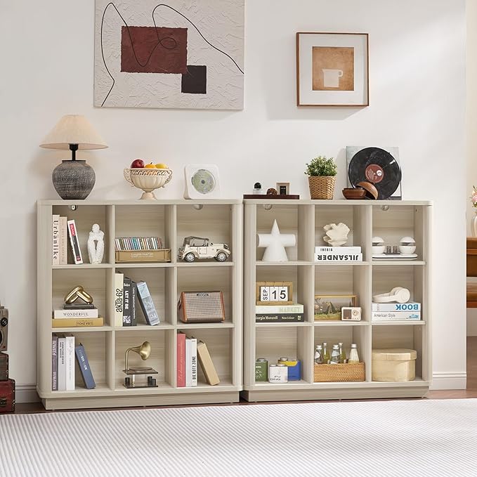 9 Cube Storage Book Shelf, 41" Tall Organizer Bookcase with Curved Edge, Wood Floor Standing 3-Tier Cubby Bookshelf with Base, Vintage Display Book Case for Bedroom, Office, White Cream Oak