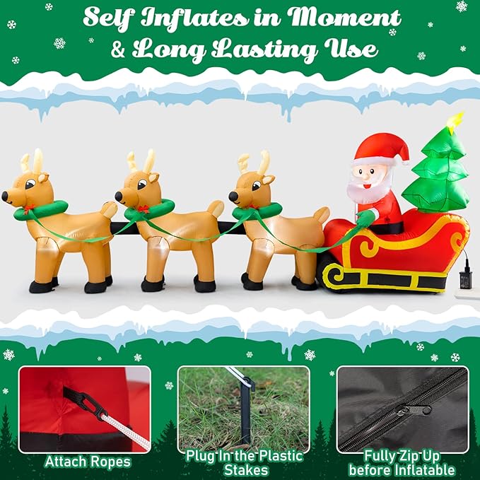 Sizonjoy Outdoor Christmas Inflatables Decorations,13 FT Lighted Christmas Inflatables Santa Claus on Sleigh with 3 Reindeer & Christmas Tree for Indoor Outdoor Home Holiday Yard Decorations