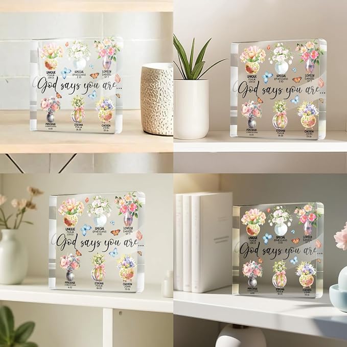 Inspirational Gifts for Women, God Says You Are, Flower Bible Verse Acrylic Sign, Bible Verse Christian Gifts, Positive Affirmation Desk Decorative Signs for Home Office Women Girsl Bedroom Decor