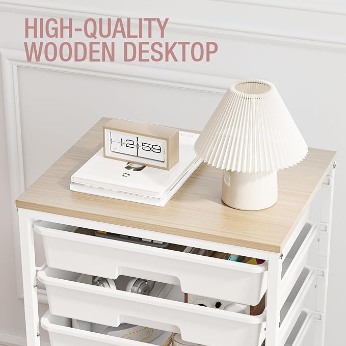 Storage Cart with 8 Drawers, Utility Cart with White Drawers and Wooden Tabletop, Craft Cart, Teacher Organization for Classroom,White