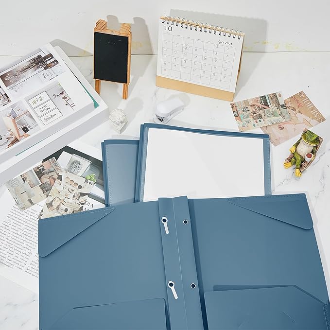 Henoyso 18 Pcs Plastic Folder with Clear Front Pocket and 3 Prong Plastic Folders with Card Slot Pocket Folders with Prongs for School Office (Navy Blue)
