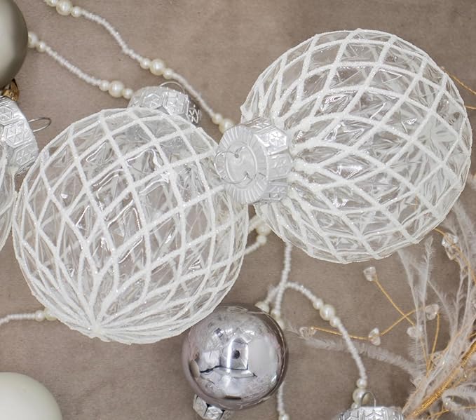 12 PCS Clear and White Christmas Ball Ornaments, 80mm/3.15 Inches Rustic Farmhouse Christmas Decorations, Large Shatterproof Luxury Hand-Painted Xmas Ornaments for Christmas Tree, Wedding