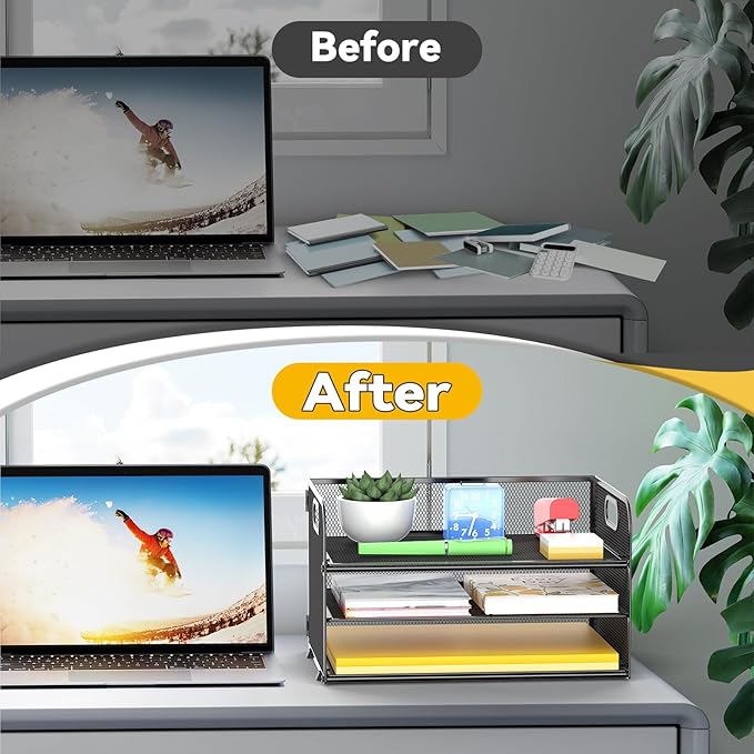 3 Tier Paper Organizer Tray with Handle, Mesh Letter Tray for Office, Home, School (1 Pack), Black