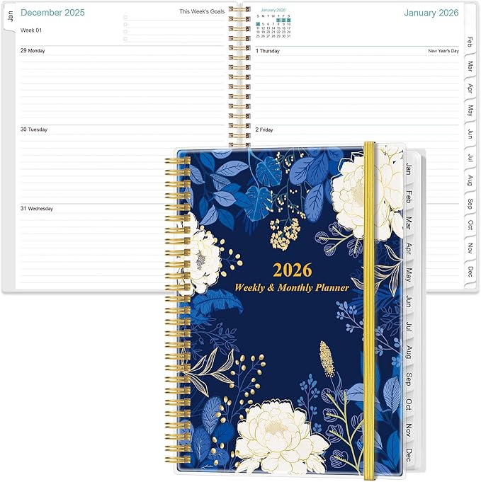 2026 Planner - Weekly Monthly Planner 2026 from January 2026 to December 2026 with 12 Monthly Tabs, Flexible Cover, Inner Pocket, 8.5" x 11", Blue Leaf Flower