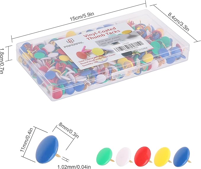PAPERPAL 500 Vinyl-Coated Thumbtacks for Cork Board, Flat Thumb Tacks for Posters, Bulletin Board Tacks, Colorful Push Pins for Office School & Personal Use