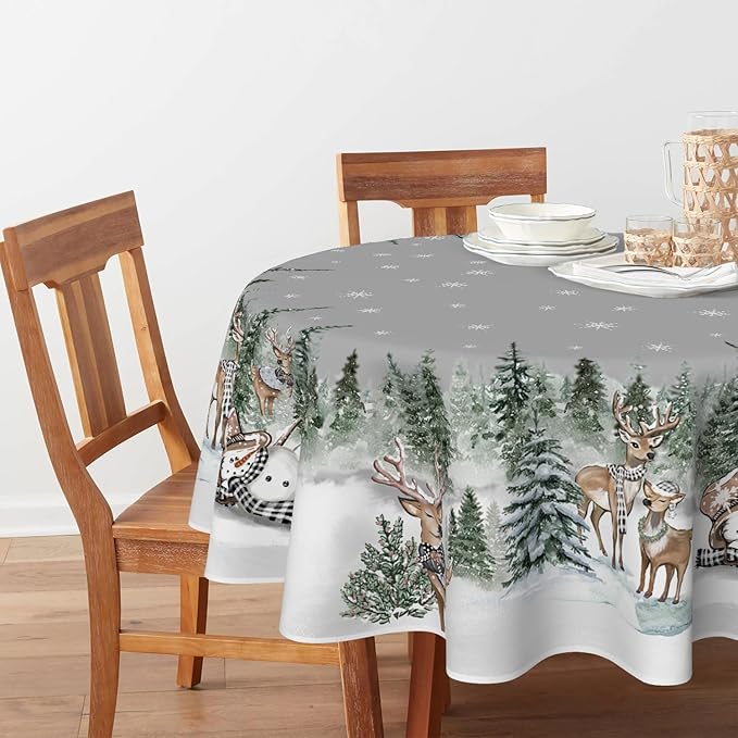 Horaldaily Christmas Tablecloth 90×90 Inch Round, Deers Snowman Trees Grey Washable Table Cover for Party Picnic Dinner Decor