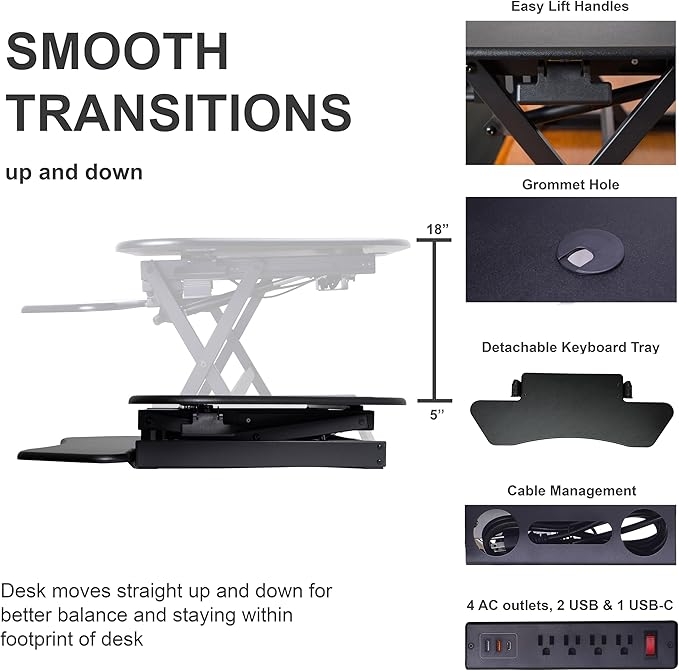 Rocelco 46" Height Adjustable Corner Standing Desk Converter with AC Outlet USB Charger and Dual Monitor Arm Mount - Stand Up Tabletop Riser Workstation - Keyboard Tray - Black (R CADRB-46-ACUSB-MA2)