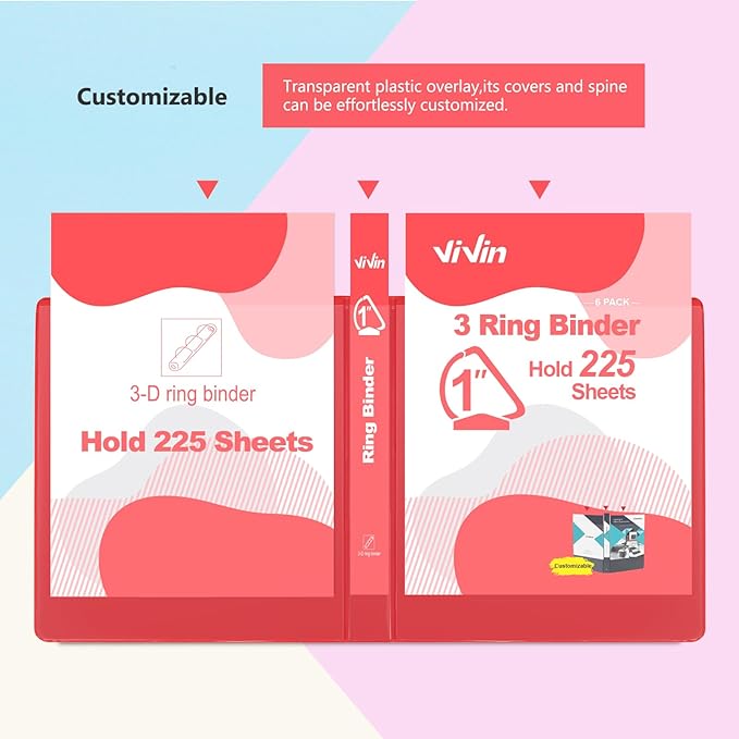 ViVin Sturdy 1 Inch D Ring Binders, 3 Ring Binders with 2 Pockets, Hold 225 Sheets of US Letter Size Paper for Office,Home,School, 6 Pack (Red)