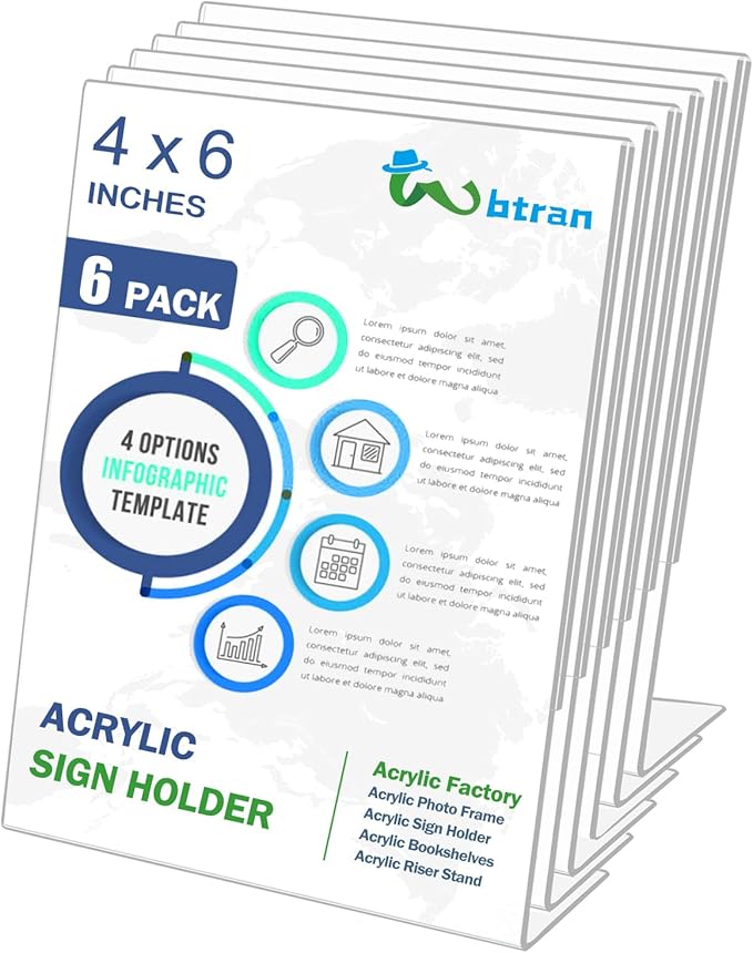 Slanted Back Acrylic Sign Holder 4 x 6, Clear Tabletop Stands for Display, Plastic Paper Sign Holders for Office, Home, Restaurant (6 Pack)