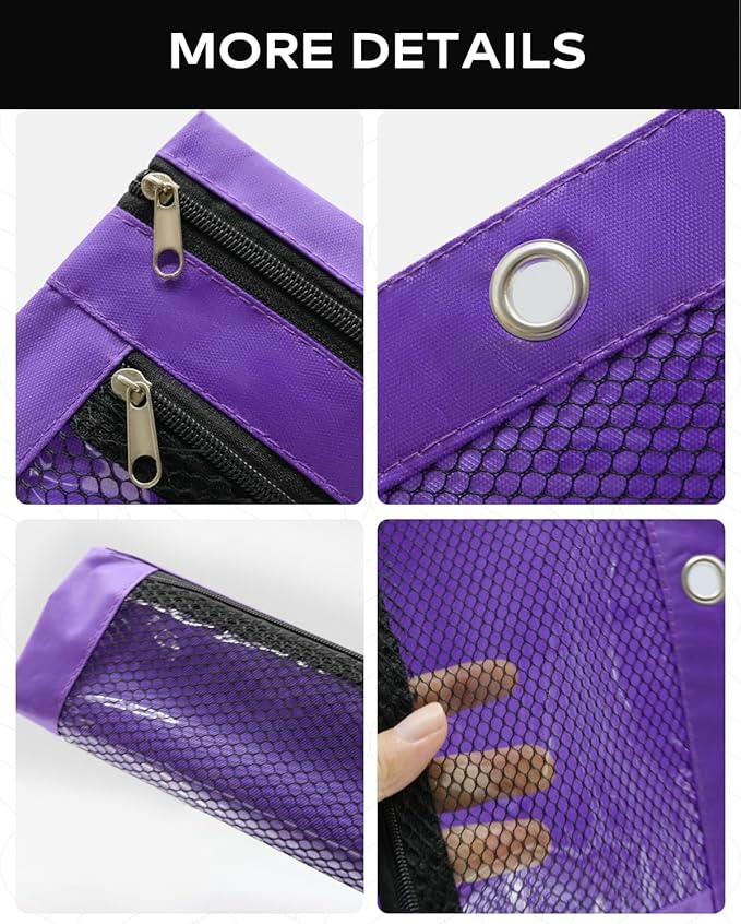 3 Ring Binder Pencil Pouch - School Pencil Case with 2 Zippered Pockets, Clear Mesh Window Pencil Bag, B5 Size, Back to School Gifts (Purple)