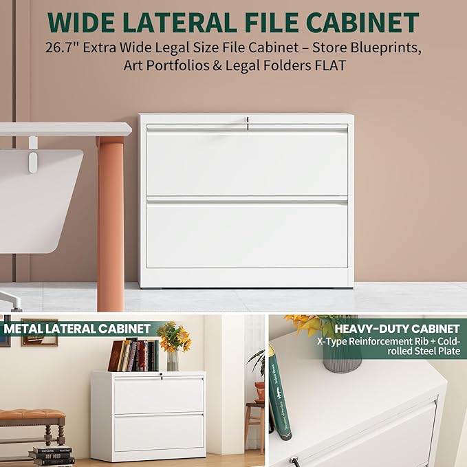 2 Drawer Lateral File Cabinet with Lock, 26.77“W File Cabinets for Home Office Legal/Letter A4 Size, File Cabinet Storage Cabinet,Require Assembly, White