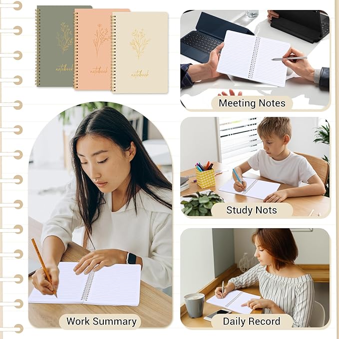 3 Pcs Spiral Notebook 5.9x8.3, 140 Pages Small Notebook for Women A5 College Ruled Journals Cute Notebooks with Large Pockets and Index Stickers for Home School Office Use（Green, Beige, Orange）